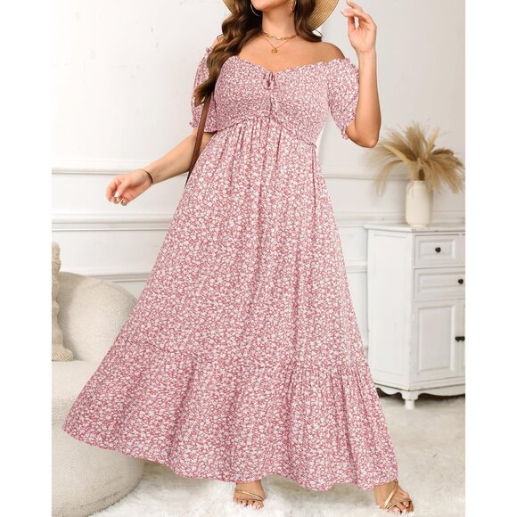 Plus Size Boho Sun Dress Maxi Off Shoulder Puff Sleeve A Line Casual - Picture 3 of 5